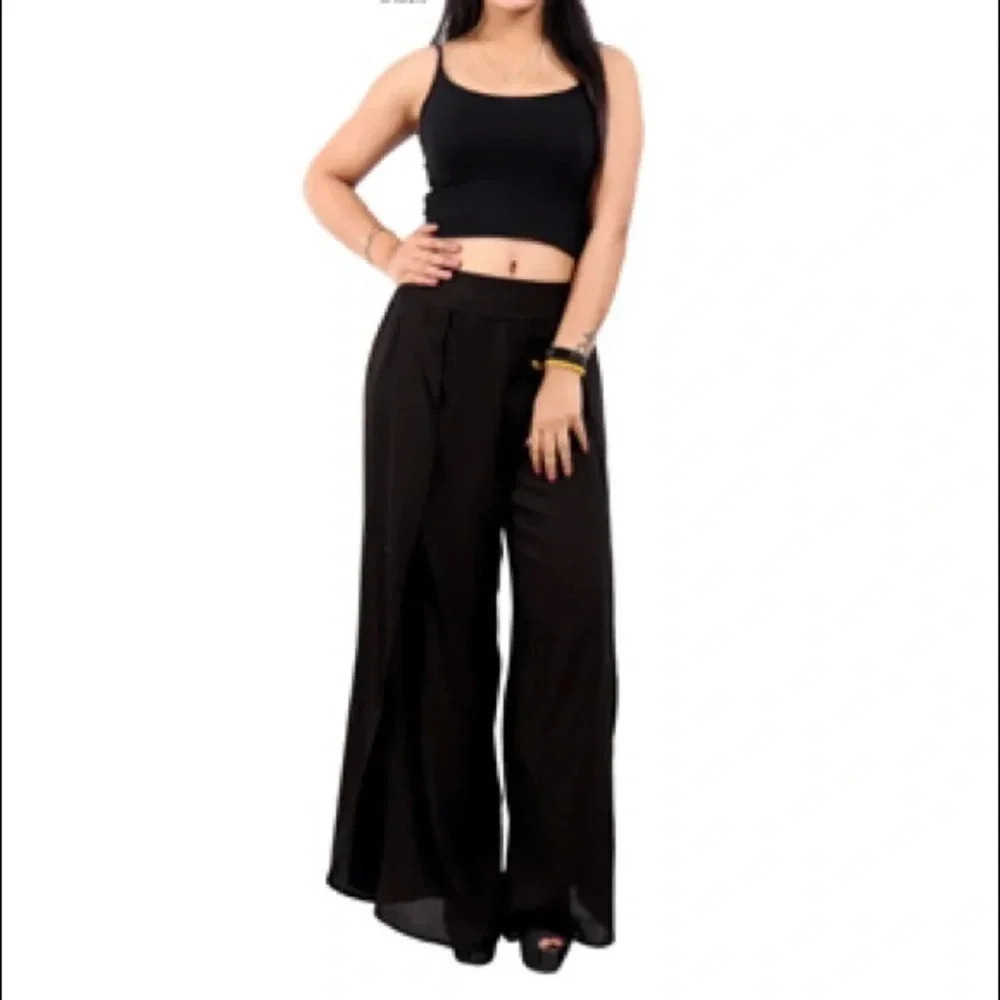 Celina Size L/XL Black 100% Rayon Wide Leg Pants With Side Openings. New